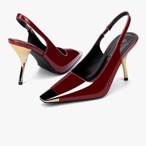 👉Women’s Slingback Kitten Heel Pumps Closed Toe 3” Dress Shoes Wine Patent 9.5